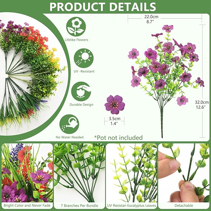 Artificial Flowers for Outdoors, 14 Bundles Multicolor Fake Flowers with Greenery Grass Lavendar for Spring Summer Decoration, UV Resistant Fake Plants for Planter Porch Patio Yard Home Decor