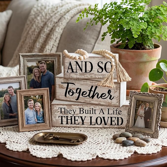 4 Pcs Farmhouse Home Decoration Wooden Tabletop and So Together They Built a Life They Loved Decor Motivational Tiered Tray Decor Rustic Block Sign Retro Bead Garland Table Centerpiece for Shelf Desk