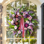 Spring Wreaths for Front Door 24 Inch Luxury Lavender Summer Wreath with Pink Ribbon,Artificial Peony & Rose Spring Door Wreath for Farmhouse Home Wall Porch Window Seasonal Display