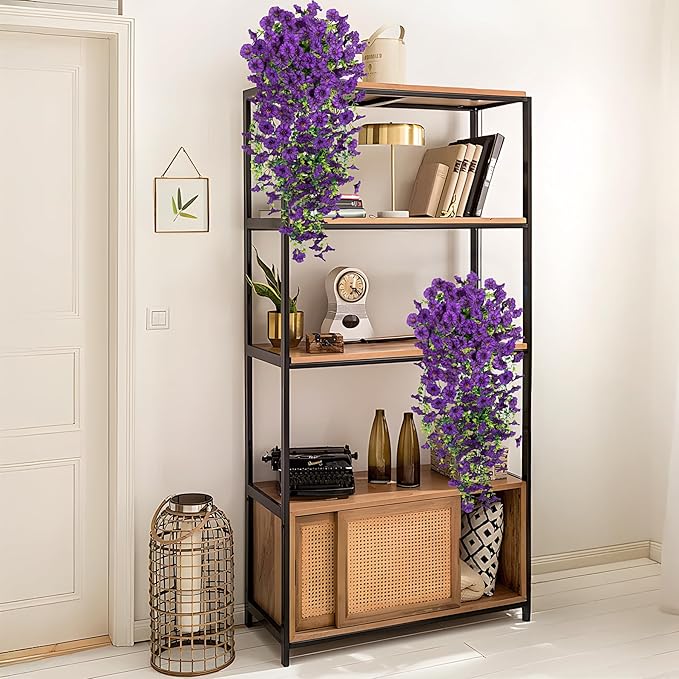Artificial Hanging Petunias Flowers for Outdoor, 2pcs Fake Plants Long Vine Morning Glory Eucalyptus, UV Resistant Realistic Faux Greenery Outside Patio Porch Garden Spring Summer Decor, Dark Purple
