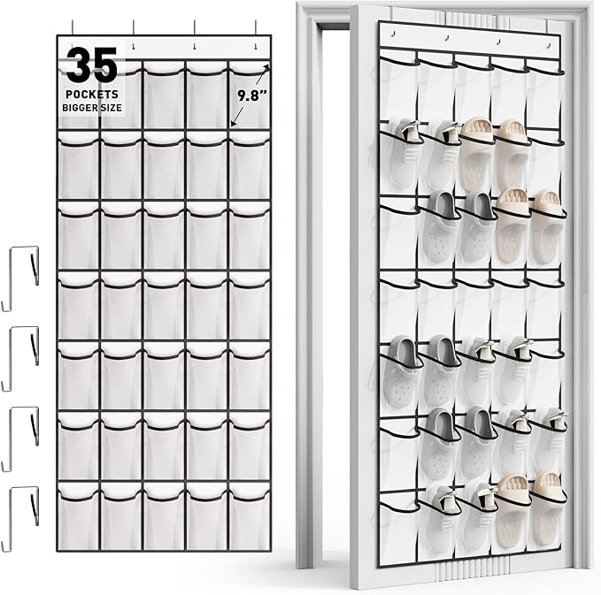 WVM Over the Door Shoe Organizer with 35 Breathable Mesh Pockets, Hanging Shoe Organizer for Door with 4 Metal Hooks, Large Capacity Closet Storage for Shoes, Accessories, White