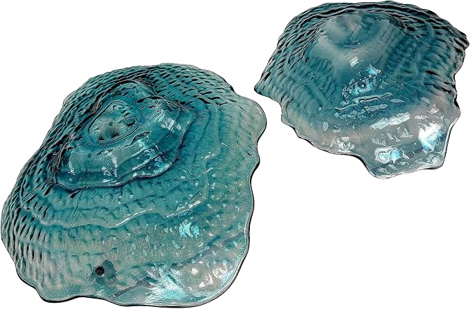 Things2Die4 Decorative Plates Set of 2 Oyster Shaped Blue Glass Plates with Iridescent Finish for Coastal Tabletop Decor in Dining Room Entryway or Living Room, 13 X 10 X 2 Inches