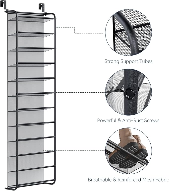 Whitmor 36 Pair Over The Door Shoe Organizer, 12 Tier Hanging Shoe Organizer, Heavy Duty Metal & Mesh Shoe Holder, Hanging Shoe Rack for Closet Organizer, 69"L x 21.7"W x 7.5"H, Matt Gunmetal
