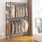 BATHWA Heavy Duty Garment Rack on Wheels, Rolling Clothes Racks for hanging clothes, Simple Sturdy Wardrobe Rack with Double Hanging Rods, 8 Side Hangers, Gray
