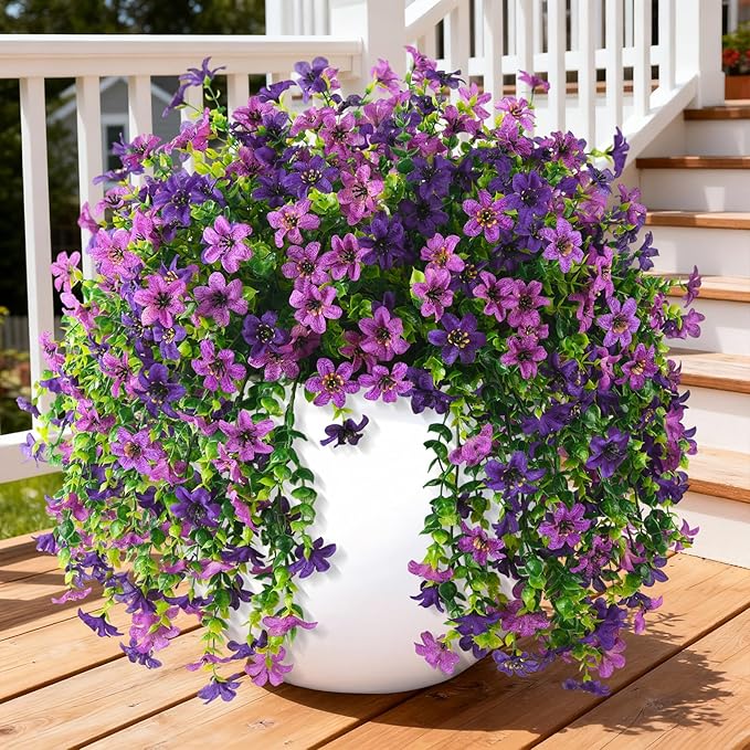 Artificial Hanging Flowers for Outdoors, 2 Pcs Fake Hanging Plant Spring Summer Decoration, UV Resistant No Fade Faux Flower for Porch Patio Yard Window Home Decor(Double Purple)