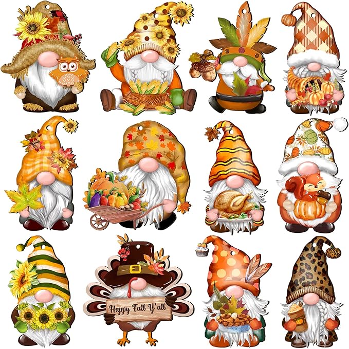 Fall Thanksgiving Gnomes Wooden Hanging Ornaments, Autumn Wood Hanging Pendant Decoration for Fall Tree Wooden Tags Slices Cutouts for Classroom Home Decor Holiday Party Supplies