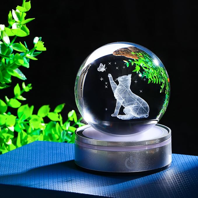 Movdyka Cat Lovers Gifts: 3D Crystal Ball Cat Figurines, Home Office Decor Night Light Snow Globes - 3.15"/8CM