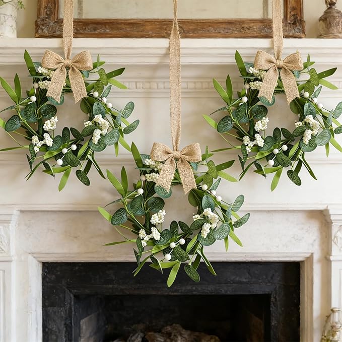 6 Pcs Green Artificial Eucalyptus Swag Wreaths Spring Summer Candle Rings Wreath with White Berries Mini Green Kitchen Cabinet Wreaths with Ribbon for Front Door Porch Wall Window Farmhouse Decoration