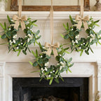 6 Pcs Green Artificial Eucalyptus Swag Wreaths Spring Summer Candle Rings Wreath with White Berries Mini Green Kitchen Cabinet Wreaths with Ribbon for Front Door Porch Wall Window Farmhouse Decoration