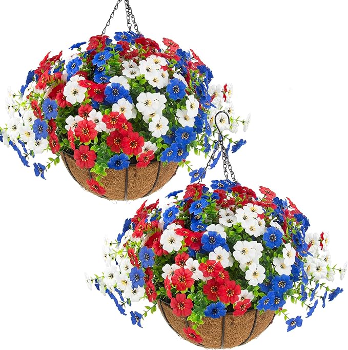 Hananona 2 Set Artificial Outdoor Flowers with Hanging Basket, 2 Hanging Planters with 24 Pcs Flowers for Summer Front Porch Garden Patio 4th of July Home Decor (2, Red, White, Blue)