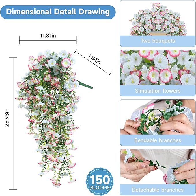 Artificial Hanging Flowers for Outdoors, 2 PCS UV Resistant Faux Silk 150 Morning Glory Each Trailing Vines, Fake Plants for Spring Outdoor Garden Planter Porch Patio Decoration, Blue & White