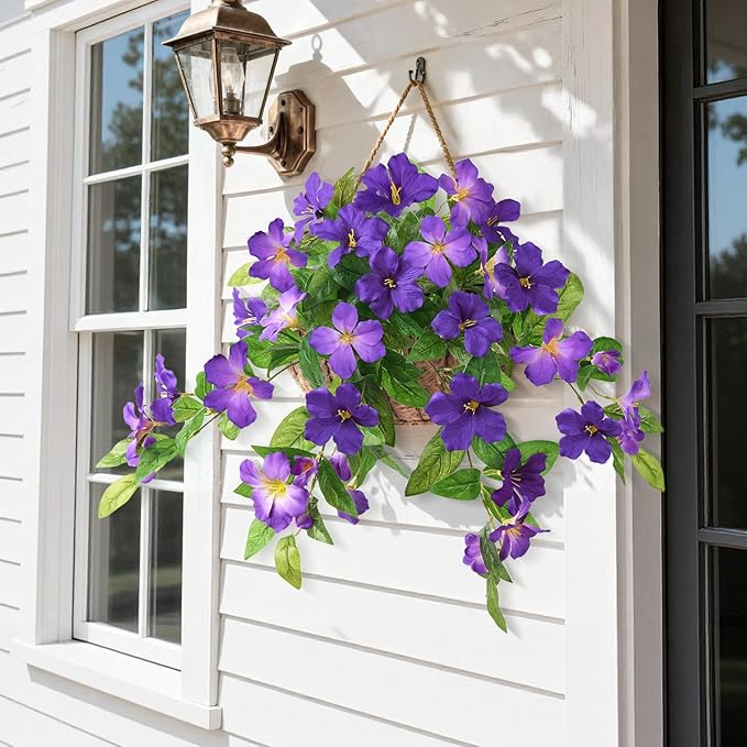 Homsunny Artificial Fake Flowers Plants Outdoor, 2PCS Realistic Faux Silk Flowers UV Resistant Fake Outdoor Flowers for Spring Outside Porch Garden and Home Patio Yard Decor (Double Purple)