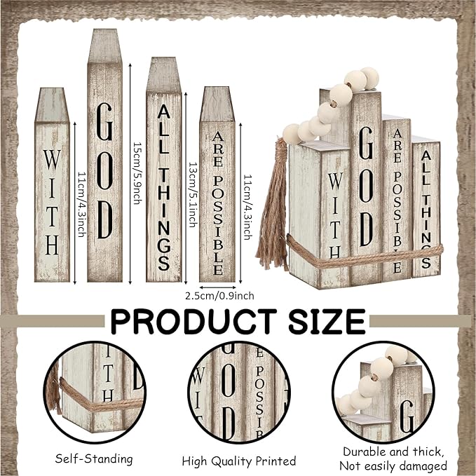 Lineshading 4 Pcs Christian Table Decor Wooden Book Stack Decor with God All Things are Possible Farmhouse Centerpiece with Beaded Garland Tassel Christian Home Decorations for Office, Shelf, Gift