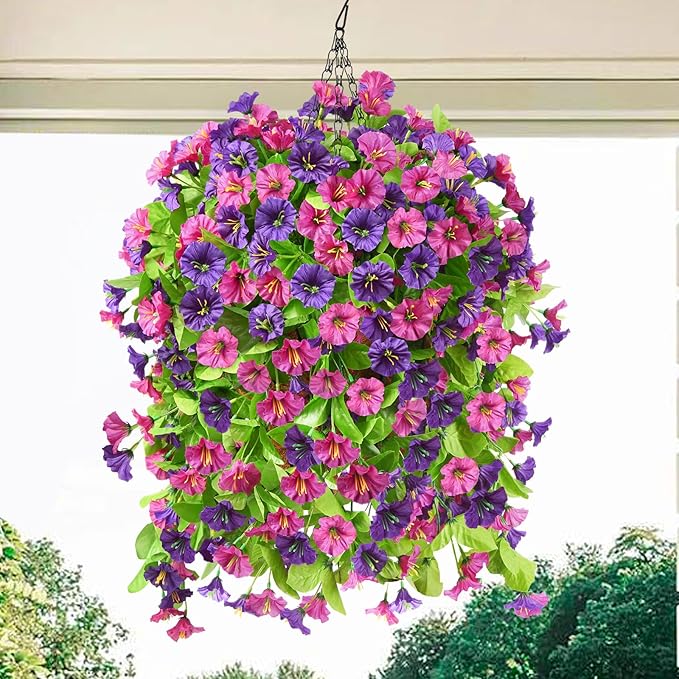Homsunny Artificial Faux Hanging Flowers Plants Baskets for Outdoor Spring Summer Decorations,Resistant Fake Morning Glory Silk Plants for Outside UV Resistant Patio Yard Home Porch Decor(Mix Purple)