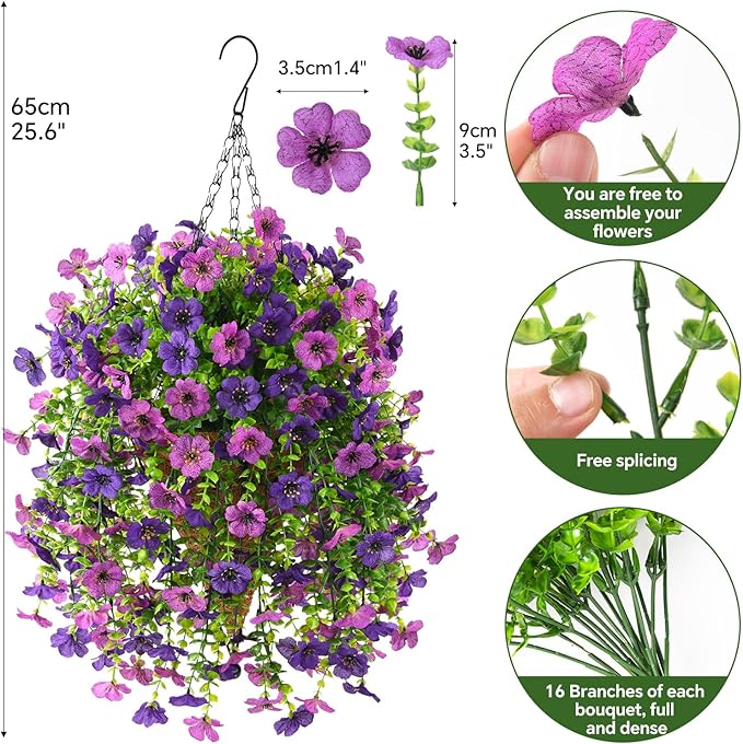 INQCMY Artificial Hanging Flowers with Basket for Spring Outdoor Decoration 3 Bunches of Silk Daisy Flower Uv Resistant for Garden Porch Patio Balcony Yard Decor (Purple1)