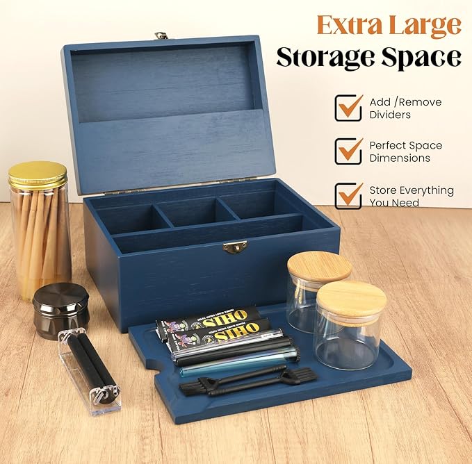 Large Bamboo Storage Box with Removable Tray Kit - Decorative Box Set, Glass Jars, and Accessories Wooden Storage Kit and Accessories Tool.Birthday Gifts