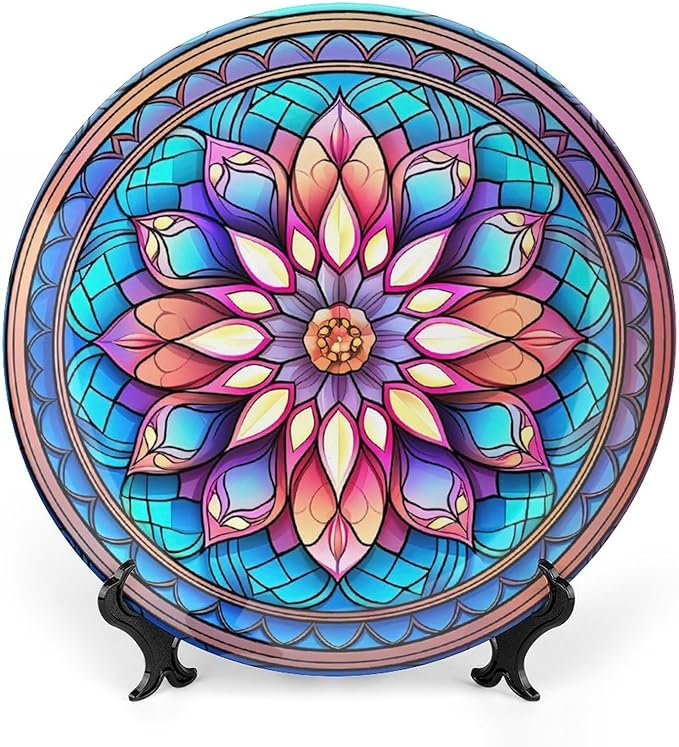 Decorative Plates, Morocco Floral Watercolor Stained Glass Print Ceramic Dinner Plate Home Wobble-Plate with Display Stand, Wall Hanging Decor for Kitchen Household 10 Inch, Gifts for Family Friends
