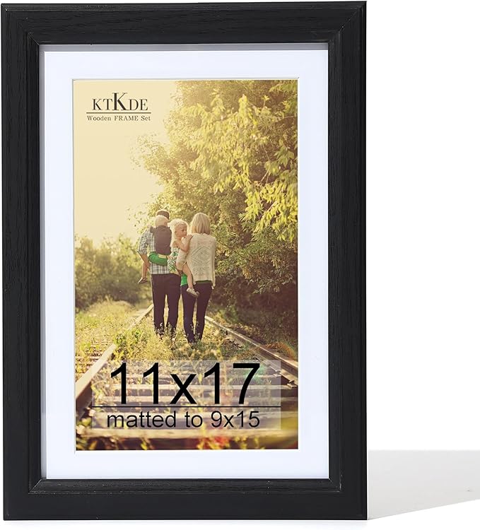 KTKDE 11x17 Picture Frame Real Glass,Poster frame Display Pictures 9x15 with Mat or 11x17 Without Mat, Modern Style Wood Composite Frame,Gallery Wall Frame Wooden Black ，best gift