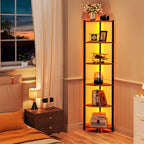 Corner Shelf with LED Lights, 6-Tier Corner Bookshelf, 66'' Organizer Book Shelf Shelves Steel Frame Display Stand with Living Room, Bedroom, Study, Rustic Brown