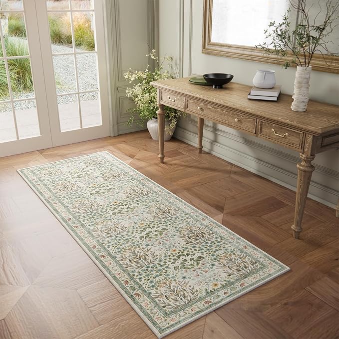 Non-Slip Washable Runner Rug 2x6, Beige & Blue Vintage Design for Hallway, Kitchen, Laundry Room & Bathroom