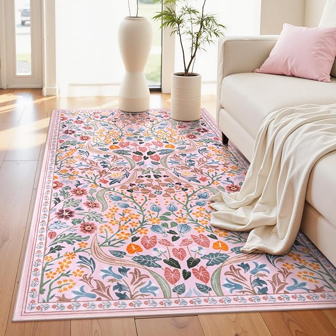 Moynesa Floral 3x5 Pink Rug for Bedroom Girls, Washable Soft Nursery Rug Non Slip, Boho Small Living Room Throw Carpet, Ultra Thin Flower Indoor Area Rug for Kids Room Dorm, Pink