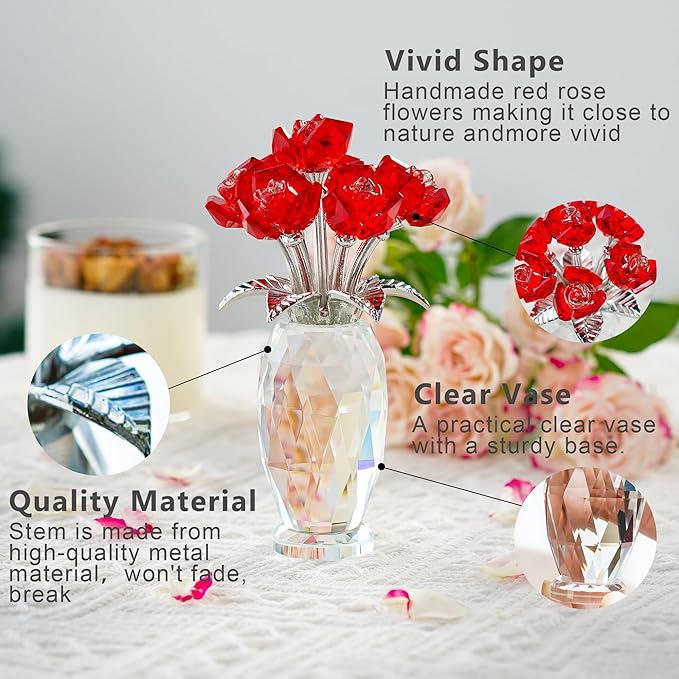 Red Crystal Rose Flower Figurine with Base,Glass Flower Bouquet Gifts for Women Girlfriend Wife,Handmade Crystal Flower Collectible Home Table Decor for Christmas Day Wedding Anniversary