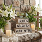 Lineshading 4 Pcs Christian Table Decor Inspirational Religious Gifts for Women God Is Within Her Bible Verse Wooden Block Signs Gift Farmhouse Christian Centerpiece for Mother's Day Home & Office