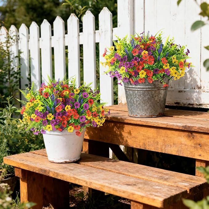 Homsunny Artificial Fake Flowers Plants Outdoors Spring Decor, Faux Flowers Silk Daisy Eucalyptus Plants UV Resisitant for Outside Planter Pot Front Porch Garden Patio Decoration(12 Bundles)