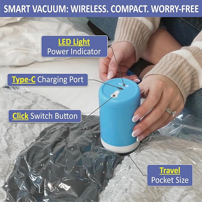 Cozy Essential Travel Vacuum Storage Bags with Rechargeable Cordless Electric Pump, Space Saver Bags for Luggage, Suitcase, Carry-On, for Clothes, Blankets, Comforters, Pillows, 15 Combo