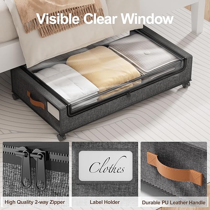 LAMU Under Bed Storage with Wheels, 2 Pack Under Bed Storage Containers with Clear Lid, XXL 60L Underbed Storage Bins, Rolling Under Bed Metal Drawers for Clothes, Blankets, Shoes, Hemp Grey