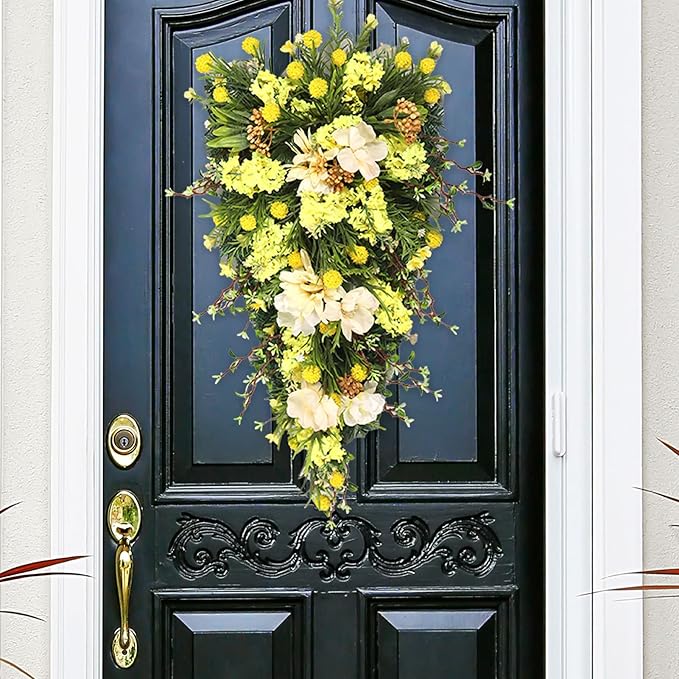 21.65In Spring Teardrop Swag, Artificial Floral Swag with Green Leaves, Easter Teardrop Wreath Front Door Swag, Decorative Teardrop Garland for Front Door Porch Wall (C)