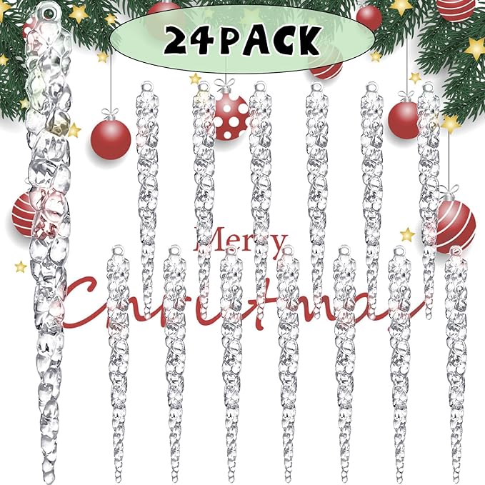 24pk Christmas Icicle Ornaments for Christmas Tree Decorations, Hanging Acrylic Crystal Christmas Ornaments 5.1" Clear Plastic Icicles for Xmas Tree Winter Wonderland Home Decor Holiday Party Supplies