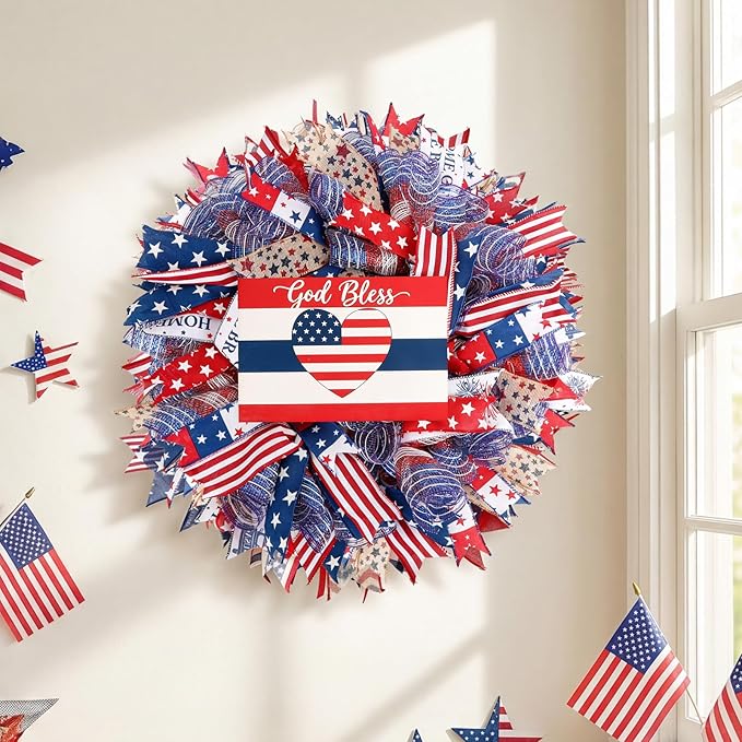 Patriotic Wreath for Front Door, 24 inch 4th of July Decorations with Red White Blue Flag Tags for 250th Anniversary American Independence Day Memorial Day Decor