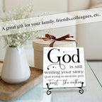 God Is Still Writing Your Story Wooden Sign - 5" Christian Wooden Plaque With Metal Support - Rustic Tabletop Home, Office Room Decor - Gifts For Family & Friends - A05