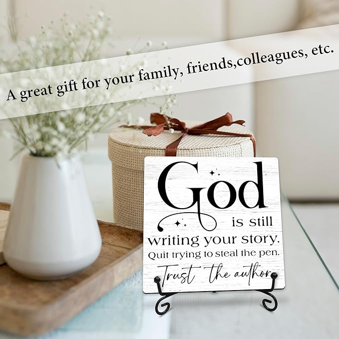God Is Still Writing Your Story Wooden Sign - 5" Christian Wooden Plaque With Metal Support - Rustic Tabletop Home, Office Room Decor - Gifts For Family & Friends - A05