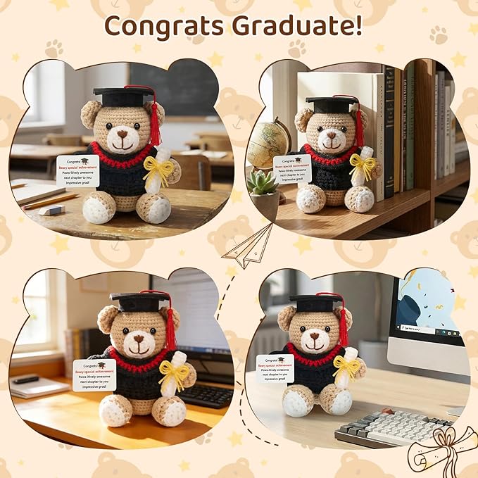 Crochet Graduation Bear 2026, Handmade Knitted Teddy Bear with Cap, Graduation Gifts 2026 for Him Her, Emotional Support Crochet Animal for College High School Graduate Student Daughter Son Friend