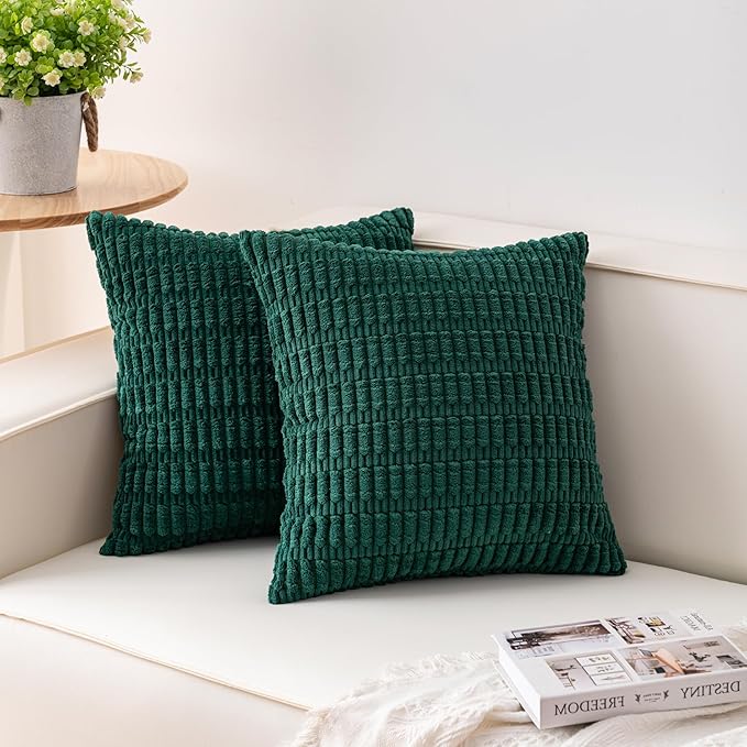 Aegero Pack of 2 Christmas Green Corduroy Decorative Throw Pillow Covers 20x20 Inch Soft Striped Pillow Covers Modern Farmhouse Home Decor for Sofa Living Room Couch Bed（Blackish Green）