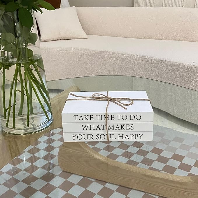 Decorative Books for Home Decor, White Faux Books for Decoration, Rustic Farmhouse Stacked Display Books with 52in Wood Bead Garland for Coffee Tables Living Room (TAKE TIME to DO)