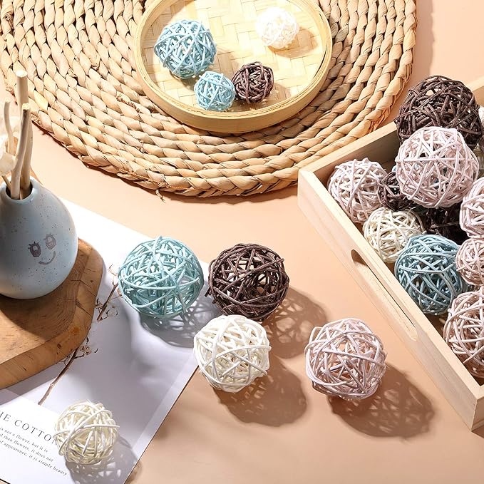 Patelai 36 Pcs Wicker Rattan Balls Decorative Balls for Vase Centerpiece Bowls Orbs Filler for Home Decor,4 Sizes(Blue, Brown, Dark Brown, White,2.8'',2.4'',2'',1.6'')