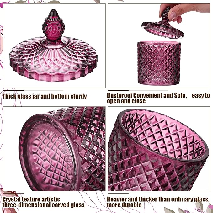 Aoriher 4 Pcs Crystal Glass Candy Jar Set with Lids Home Decorative Storage Jars for Apothecary, Bathroom, Kitchen, and Pantry, Ideal for Cotton Swabs and Jewelry(Medium,Purple)