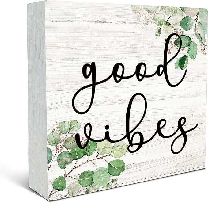 SRADMO Inspirational Botanical Eucalyptus Leaves Wood Box Sign Desk Decor, Rustic Green Eucalyptus Leaves Wooden Block Box Sign Decor for Home Office Shelf Table Decorative Accessories