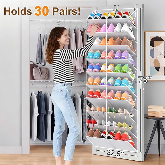 20-30 Pairs Over the Door Shoe Organizer, Clear Pockets Hanging Shoe Storage for Closet, 10-Tier Door Shoes Rack, Handing Shoes Holder Fit All the Family's Sneakers, Boots, Heels, Light Grey