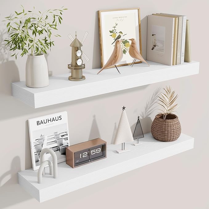 Fun Memories Floating Shelves 30 Inch, Wall Mounted Wood Shelf Set of 2, Farmhouse Decor for Bathroom, Bedroom, Kitchen, Living Room, White