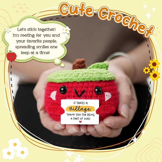 HEXMOZ End of Year Teachers Gifts - Apple Gift for Teachers - Daycare Teacher Appreciation Gifts - It Takes a Village Handmade Collectible Crochet Plush Doll