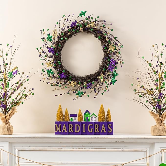 Glitzhome 20" Wreath Decoration Glitter Purple Gold Green Berry & Fleur-de-Lis Wreath Carnival Front Door Decoration for Indoor Outdoor Holiday Party Favors