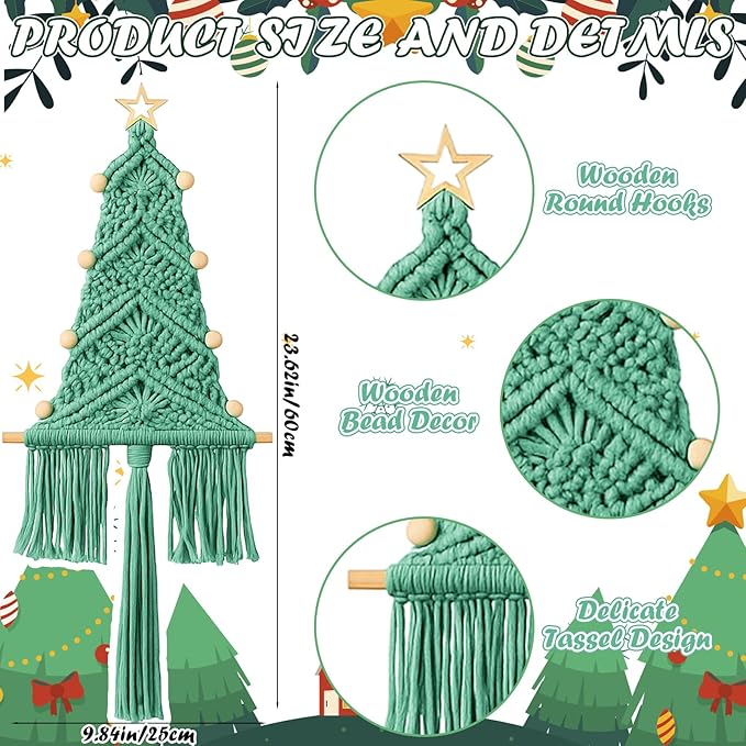 HunnmingRe 3 Pcs Large Macrame Christmas Tree Macrame Christmas Wall Decoration Hanging Ornaments Boho Wall Decor for Party Supplies (Pastel)