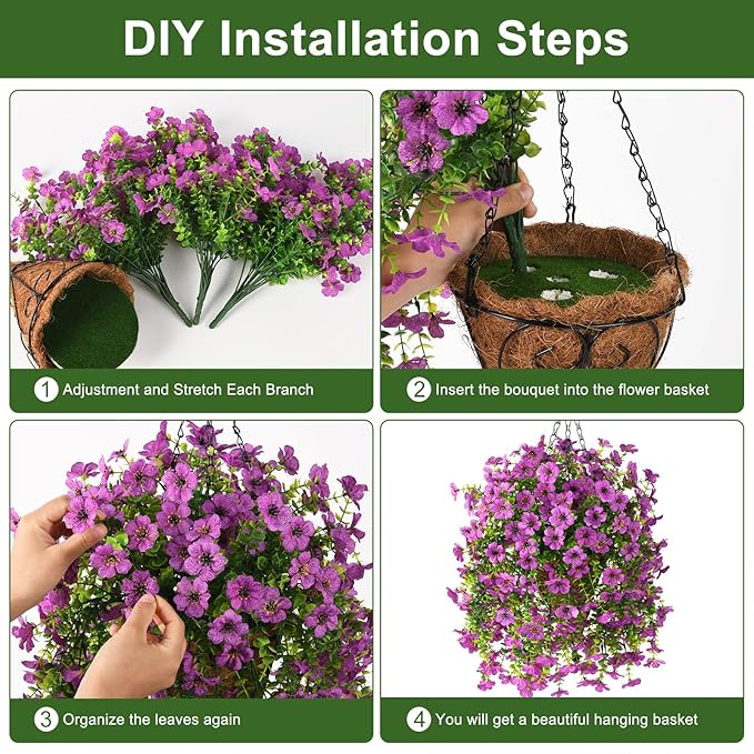 INQCMY Artificial Hanging Flowers with Basket for Spring Outdoor Decoration 3 Bunches of Silk Daisy Flower Uv Resistant for Garden Porch Patio Balcony Yard Decor (Purple2)