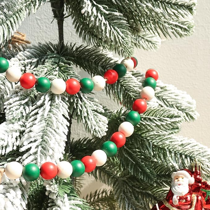 Christmas Wood Bead Garland,39in Farmhouse Beads with Tassels Tiered Tray Decor Wall Hanging Home Ornaments for Christmas Tree Decorations