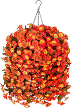 Artificial Flowers Plants with Hanging Basket, Fake Realistic Silk Morning Glory Petunia Long Vines, Faux Flower Arrangement for Outdoor Garden Patio Decor, OrangeYellow