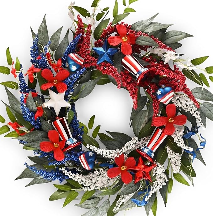 DecorbyHannah Patriotic Wreaths for Front Door, 22 inch 4th of July Wreath for Independence Day, Flag Day, Collapsible Red White Blue Wreath Decorations with Top Hat Ornament for USA 250th Holiday